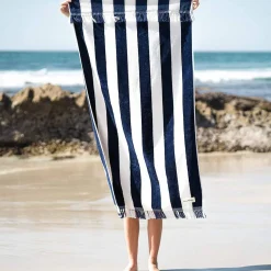 The Holiday Beach Towel - Navy Capri Stripe^Business & Pleasure Co. Online